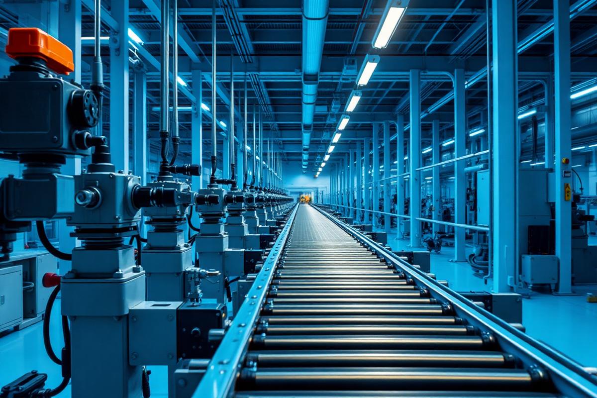 Banda transportadora con actuadores neumáticos y reductores en una planta industrial