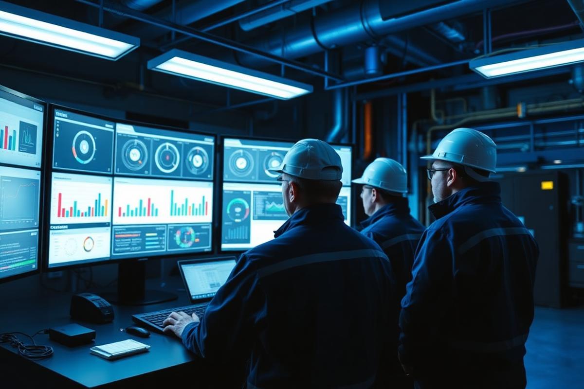 Equipo de mantenimiento industrial analizando indicadores de fallas en pantallas de una sala de control