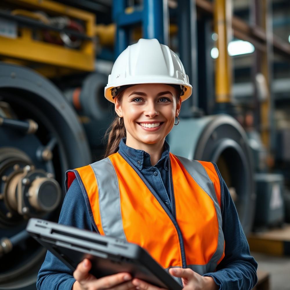 Ingeniera de mantenimiento industrial con casco y chaleco sosteniendo una tablet frente a maquinaria