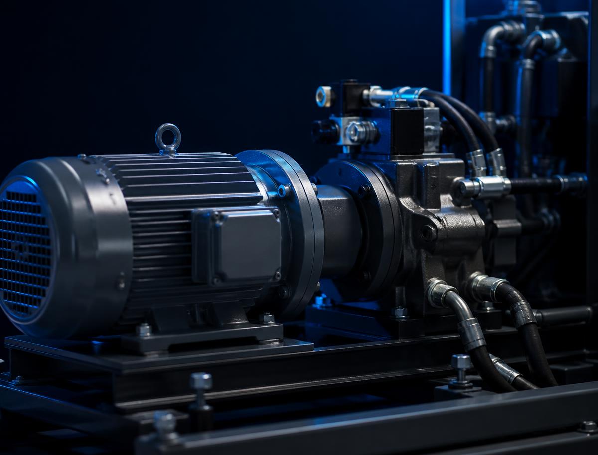 Motor eléctrico acoplado a una bomba hidráulica industrial en una línea de producción
