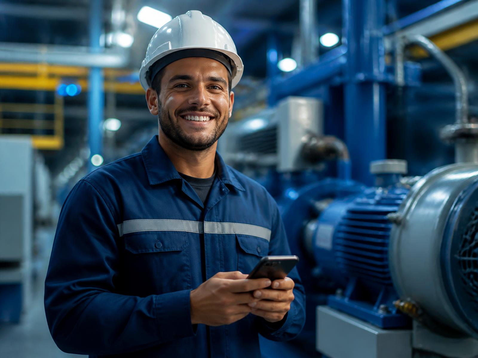 Técnico de mantenimiento industrial sonriendo mientras consulta un diagnóstico de FaultMate en su celular frente a un motor eléctrico